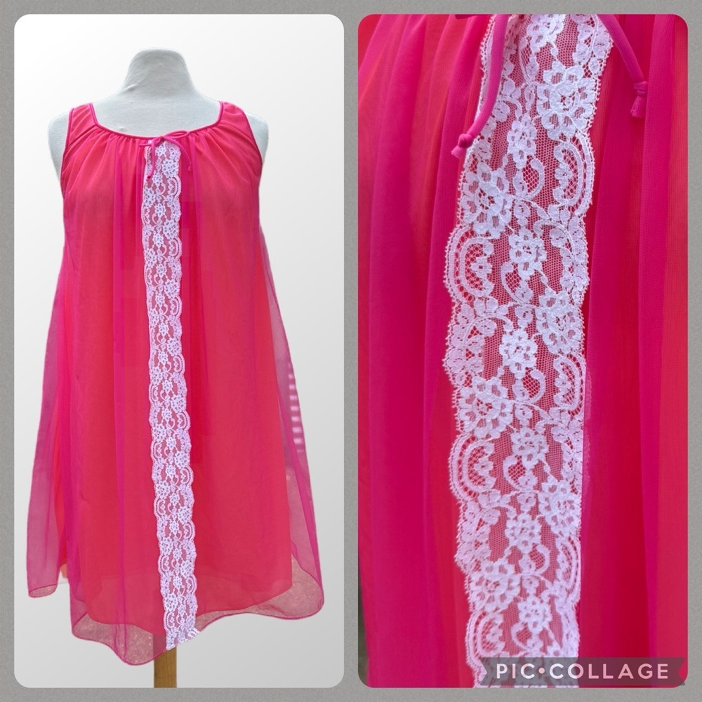 Vintage Babydoll nightgown Sheer overlay lace nightie 1960s 1970s Med Chiffon